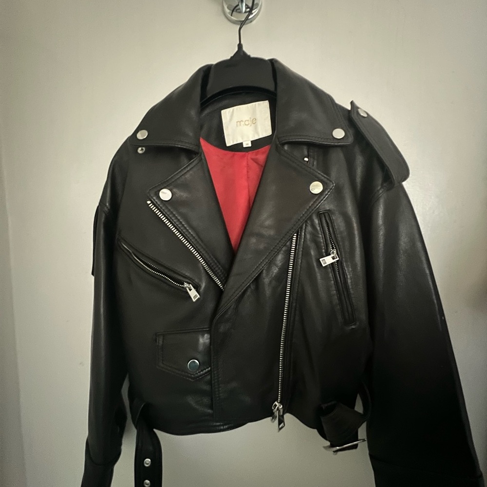 Maje Lambskin Black Leather Jacket with Red Lining eu 36